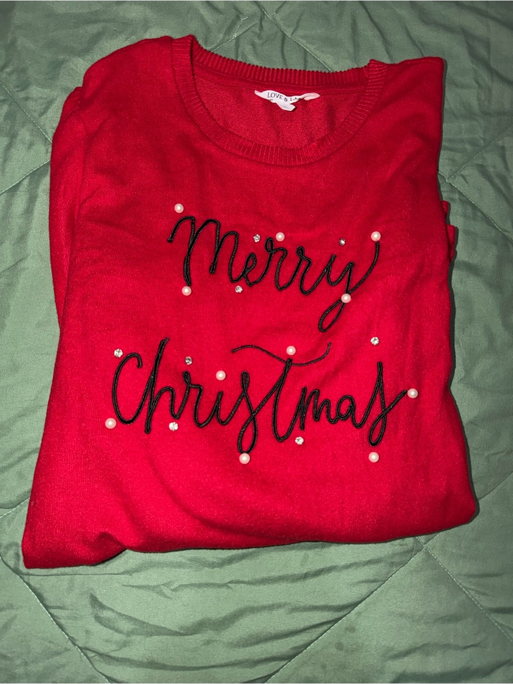 Love & Legend Red 'Merry Christmas' Pearl & Rhinestone Crewneck Sweater